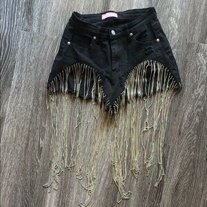 Black Fringe Denim Shorts